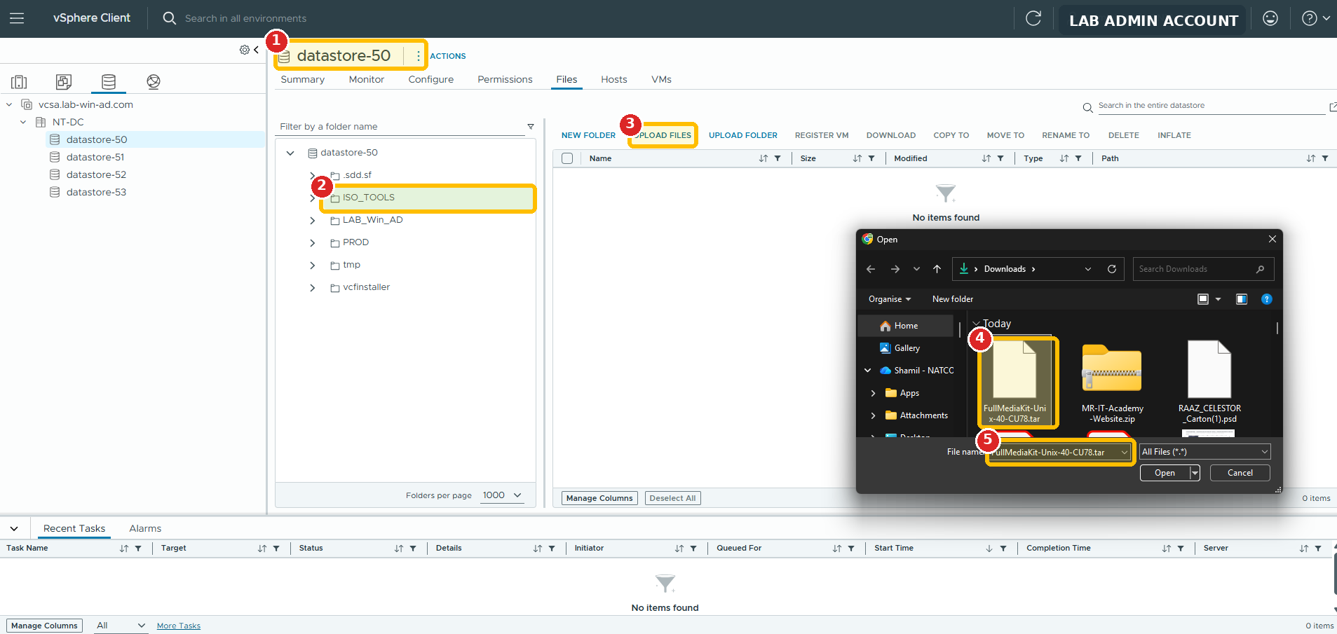 Annotated vSphere Client screenshot showing datastore, ISO_TOOLS folder, Upload Files, and the selected Commvault Unix media kit